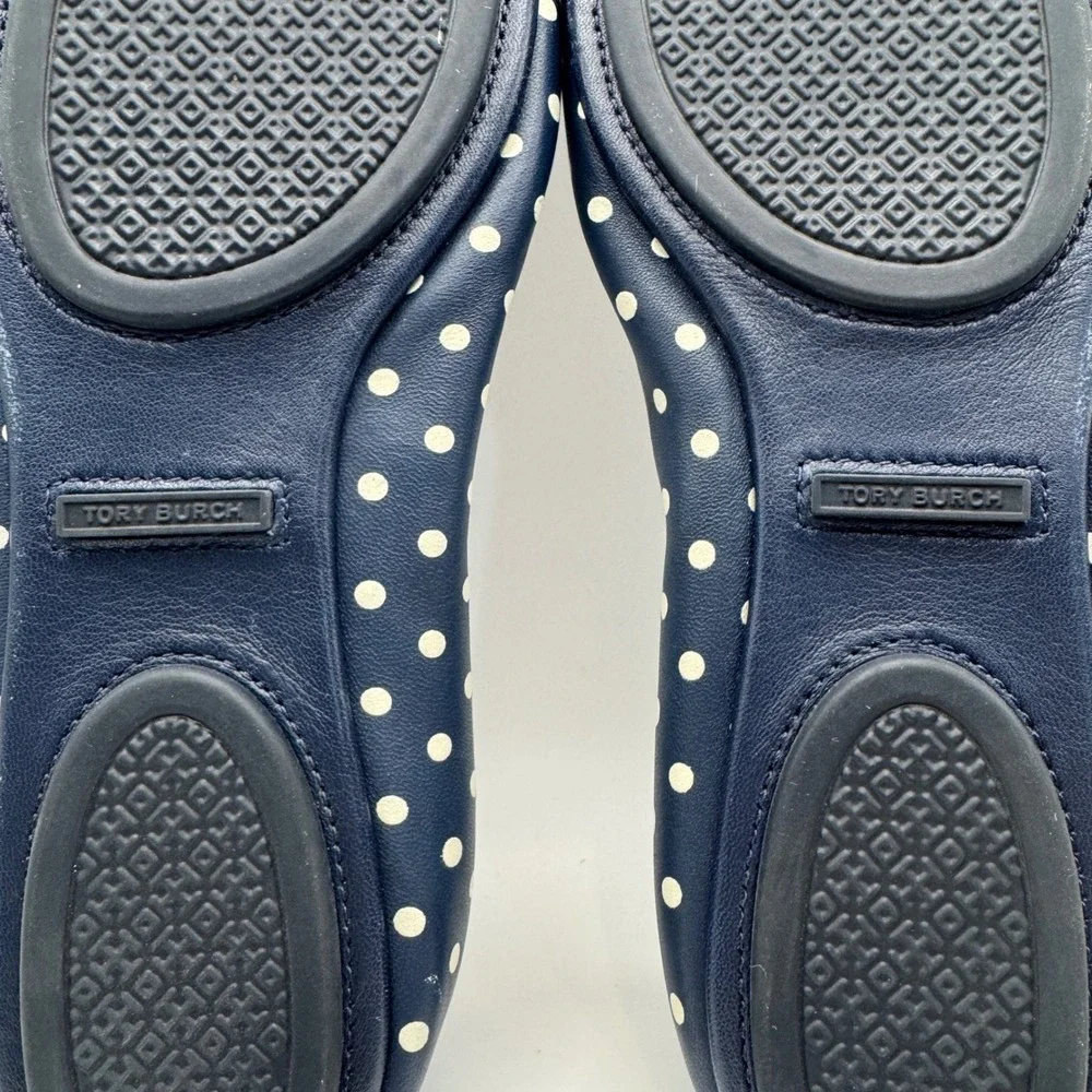 Tory Burch Minnie Travel Ballet Flats Navy Blue Polka Dot Leather Logo 8M 64985